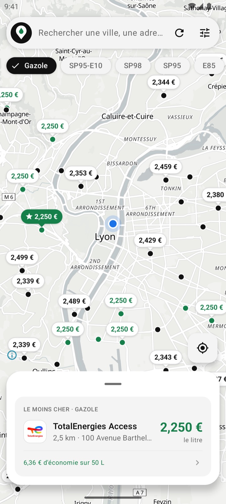 Carte de Lyon avec le prix du gazole affiché sur chaque station, les moins chères en vert